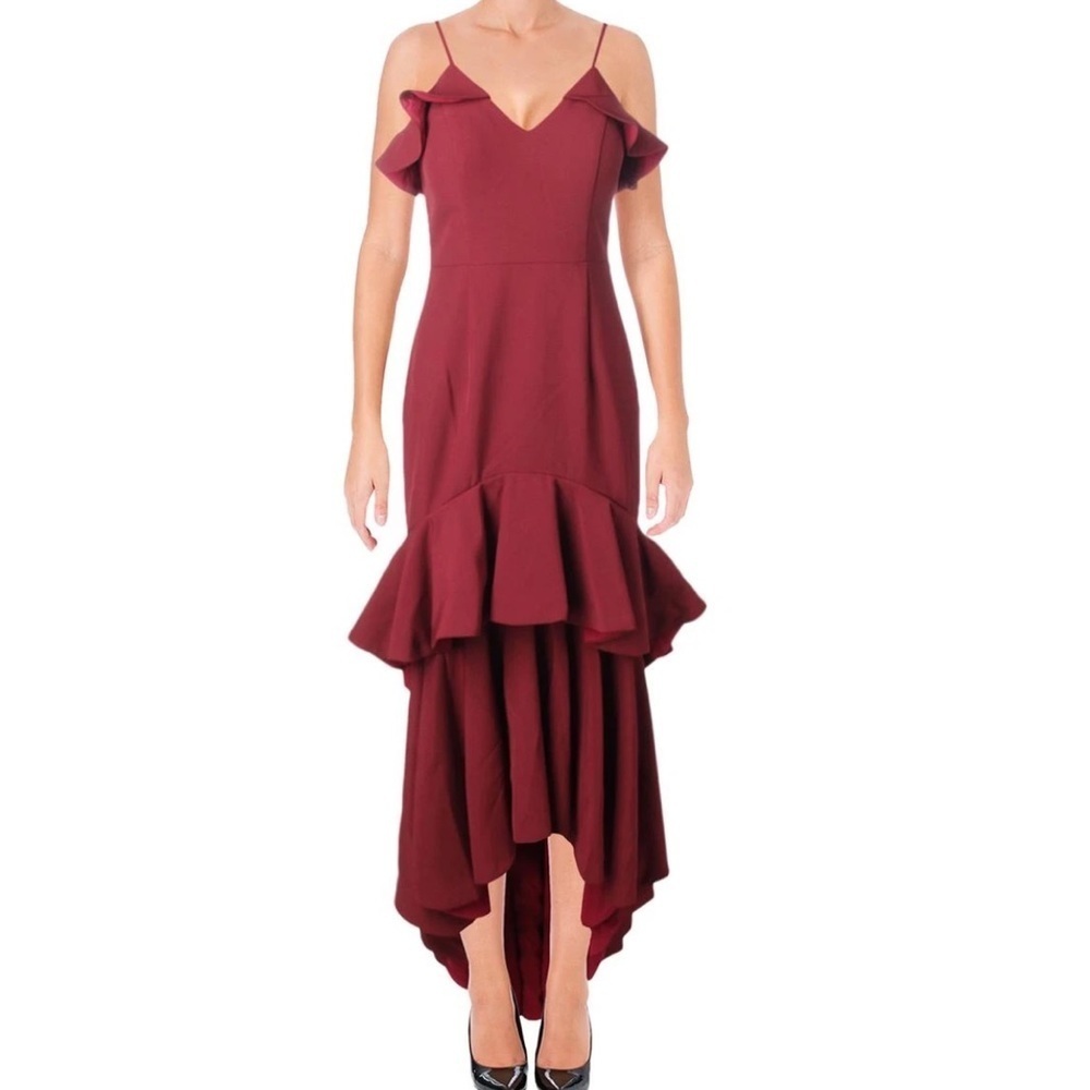 ✅ NWT Jarlo Mina High Low Ruffle Maroon Maxi Dress size 6